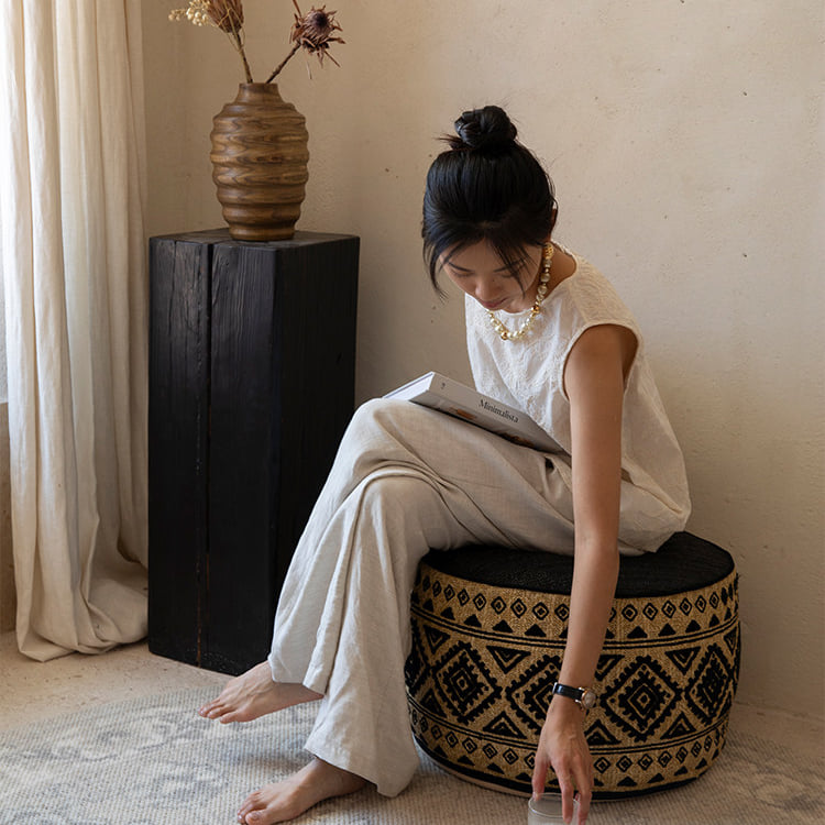 สตูลออตโตมันลายปัก BUNISE BOHO-POUF สีดำ_8