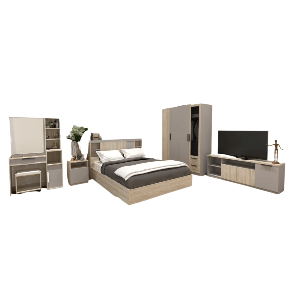 ชุดห้องนอน + ที่นอนสปริง 5 ฟุต WISDOM DESIGN FURNITURE รุ่น VIDA2 สีไวท์โอ๊ค/เทา