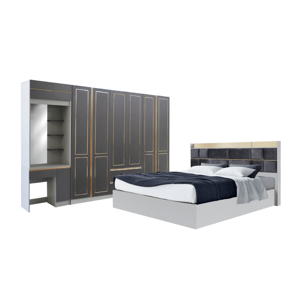 ชุดห้องนอน + ที่นอนสปริง 6 ฟุต WISDOM DESIGN FURNITURE รุ่น BRAELYN 6 สียีนส์/กราไฟท์
