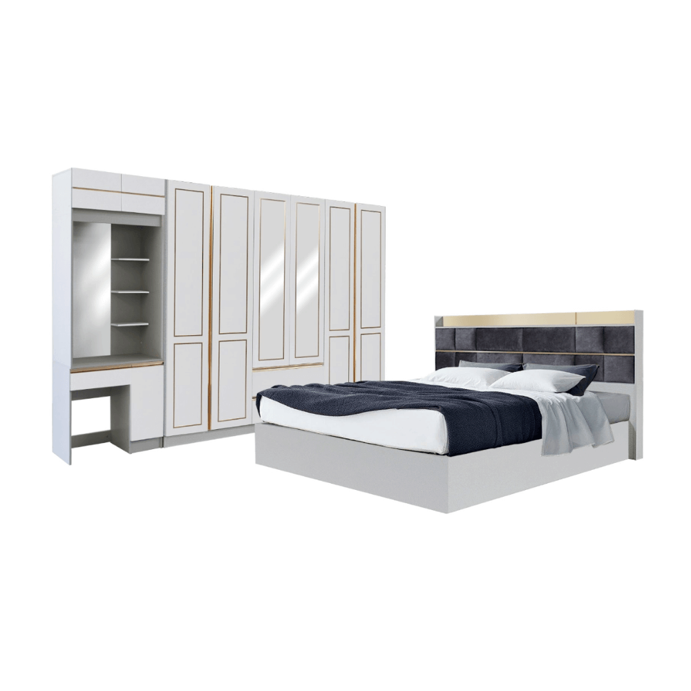 ชุดห้องนอน + ที่นอนสปริง 6 ฟุต WISDOM DESIGN FURNITURE รุ่น BRAELYN 6 (กระจก) สีไลท์ยีนส์/ขาว