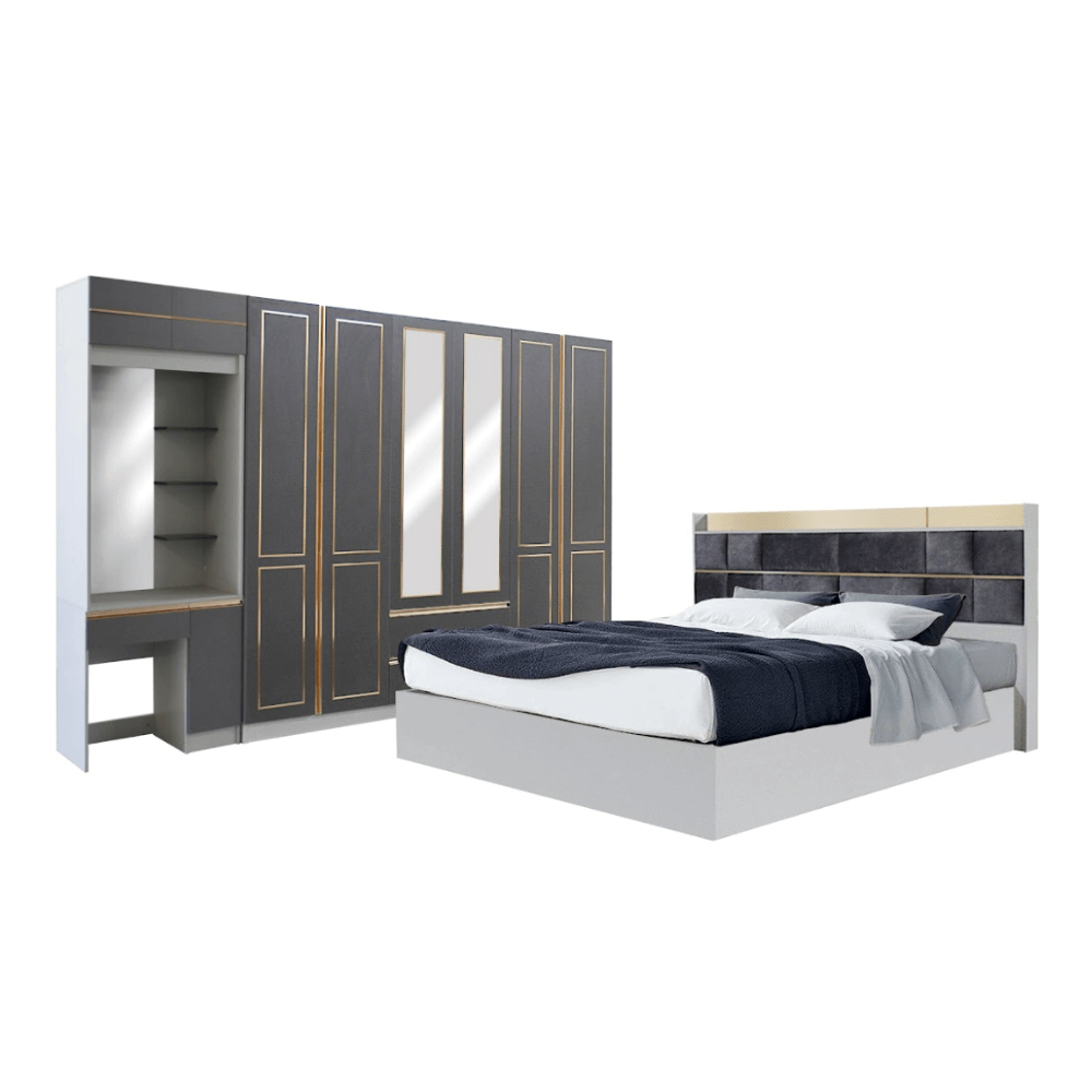 ชุดห้องนอน + ที่นอน PVC 6 ฟุต WISDOM DESIGN FURNITURE รุ่น BRAELYN 6 (กระจก) สียีนส์/กราไฟท์