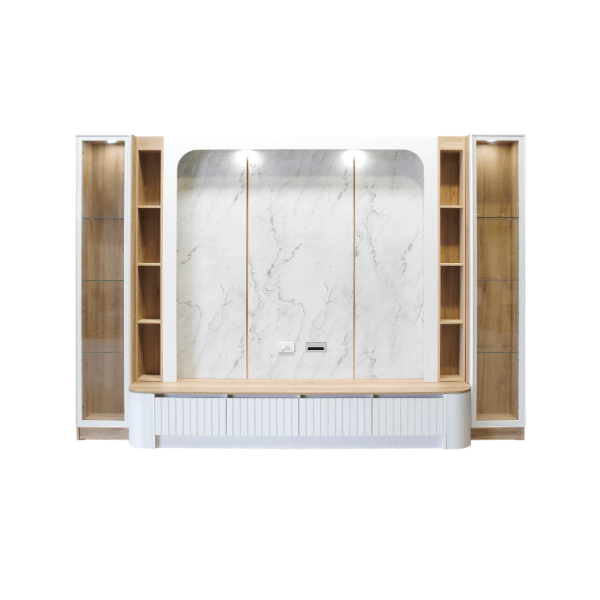 ตู้วางทีวี WISDOM DESIGN FURNITURE รุ่น CHARNA 320 ซม. สีขาว/เนเจอร์วู๊ด/ลายหินขาว