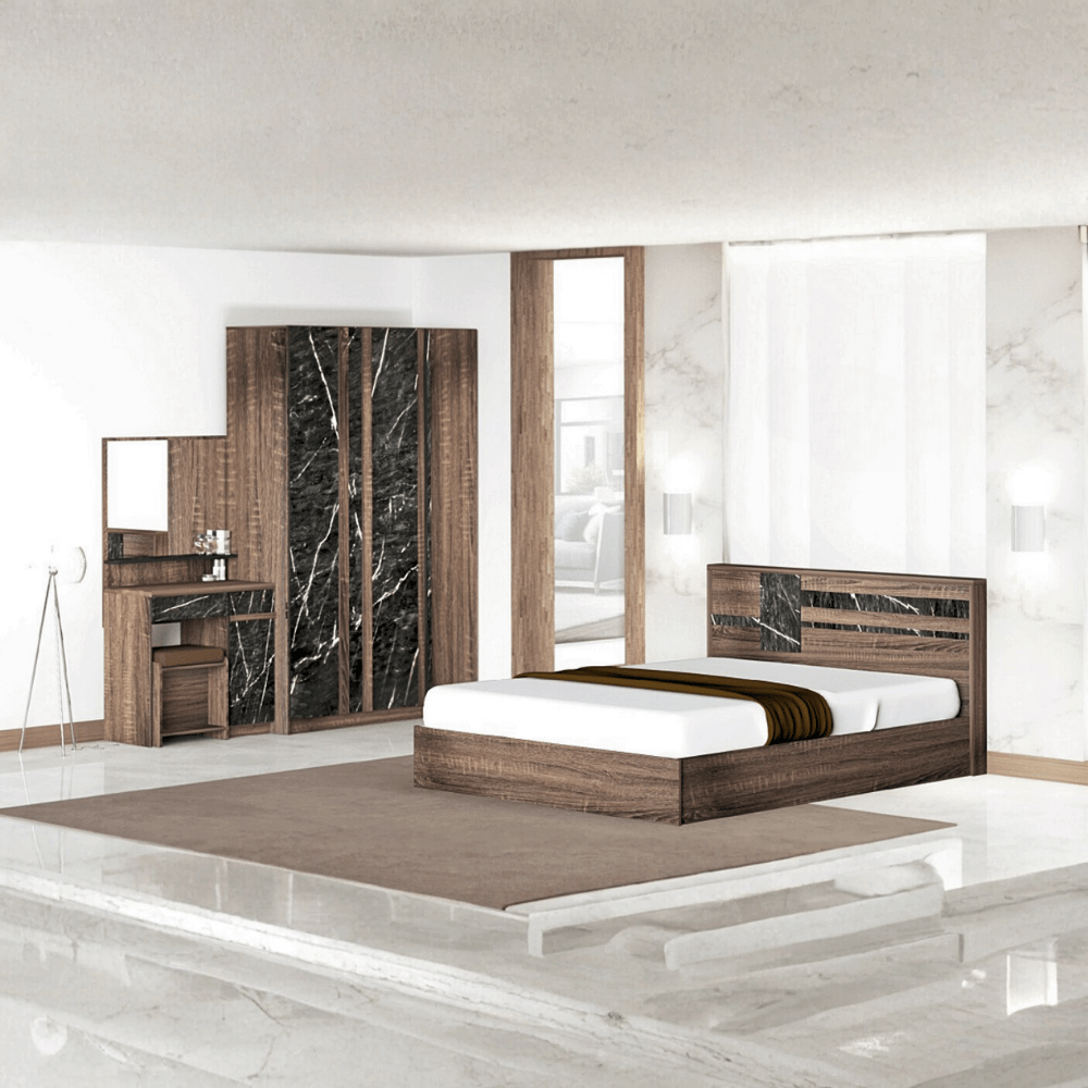 ชุดห้องนอน + ที่นอนสปริง 5 ฟุต WISDOM DESIGN FURNITURE รุ่น GALAXY สี วอลนัท/หิน_1