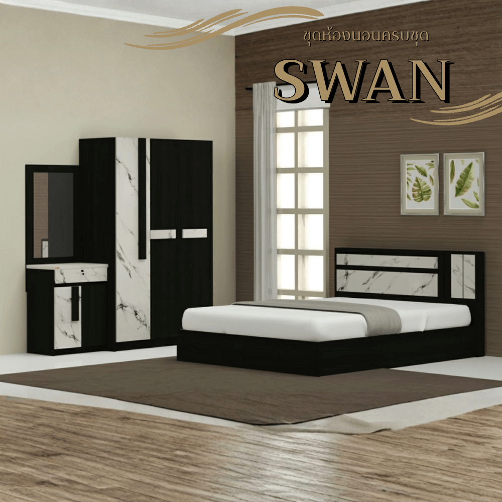 ชุดห้องนอน + ที่นอนสปริง 6 ฟุต WISDOM DESIGN FURNITURE รุ่น SWAN สี โอ๊ค/หินอ่อน_1
