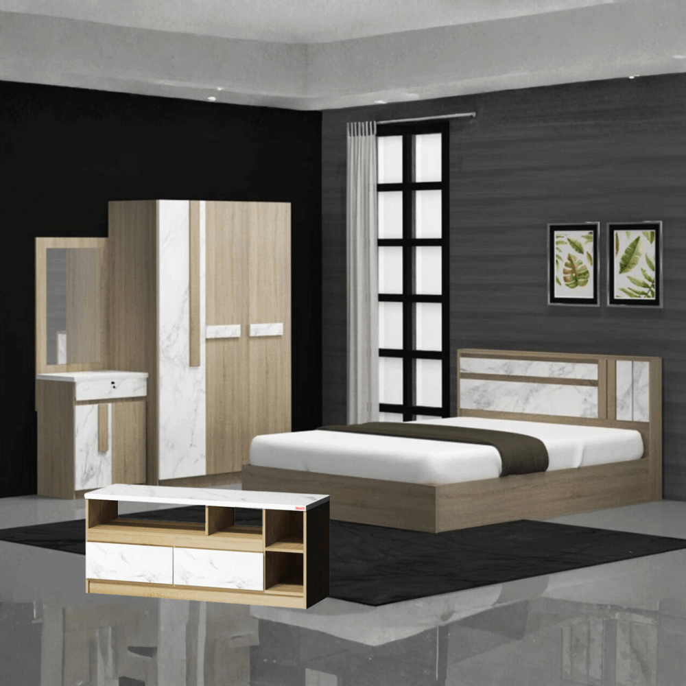 ชุดห้องนอน + ที่นอนสปริง 6 ฟุต WISDOM DESIGN FURNITURE รุ่น SWAN PLUS สี โซลิค/หินอ่อน_1