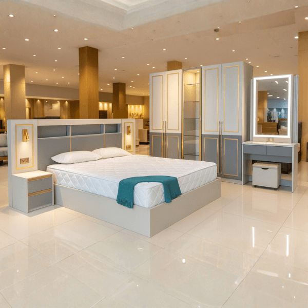 ชุดห้องนอน + ที่นอนสปริง 6 ฟุต WISDOM DESIGN FURNITURE รุ่น SYDNEY สีเบจ/เทา