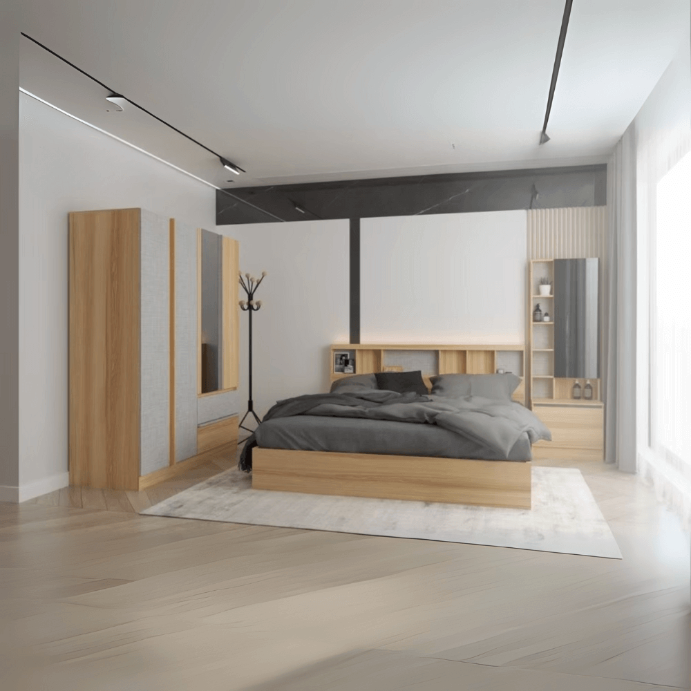 ชุดห้องนอน + ที่นอนสปริง 6 ฟุต WISDOM DESIGN FURNITURE รุ่น TENSHI สีไลท์ยีนส์/แอช