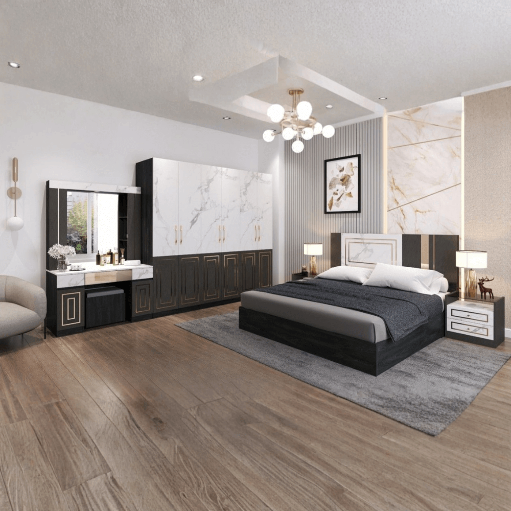 ชุดห้องนอน + ที่นอนสปริง 6 ฟุต WISDOM DESIGN FURNITURE รุ่น CHARLOTTE สีแอชเกรย์/ซอฟท์มาร์เบิ้ล/ซิลค์