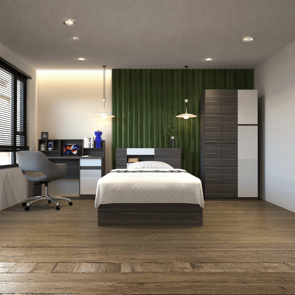 ชุดห้องนอน + ที่นอนสปริง 3.5 ฟุต WISDOM DESIGN FURNITURE รุ่น SCOOBY สีไลท์เวงเก้/แฟบริค_1