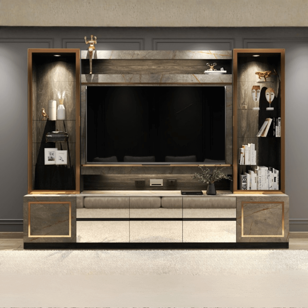 ตู้วางทีวี WISDOM DESIGN FURNITURE รุ่น GT-301 300 ซม. สีแอชเกรย์/บราวน์มาร์เบิ้ล/โกลด์_1