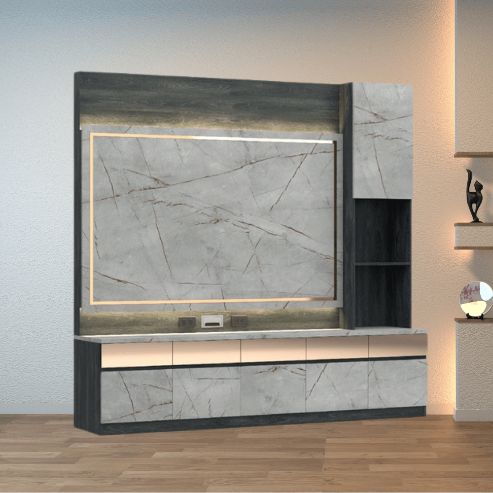 ตู้วางทีวี WISDOM DESIGN FURNITURE รุ่น GH-241 240 ซม. สีแอชเกรย์/ไลท์มาร์เบิ้ล/โกลด์