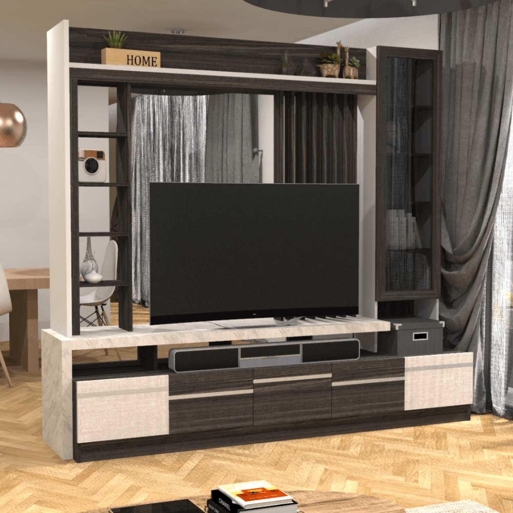 ตู้วางทีวี WISDOM DESIGN FURNITURE รุ่น HT-2401 240 ซม. สีไวท์เวงเก้/แฟบริค/ไวท์มาร์เบิ้ล