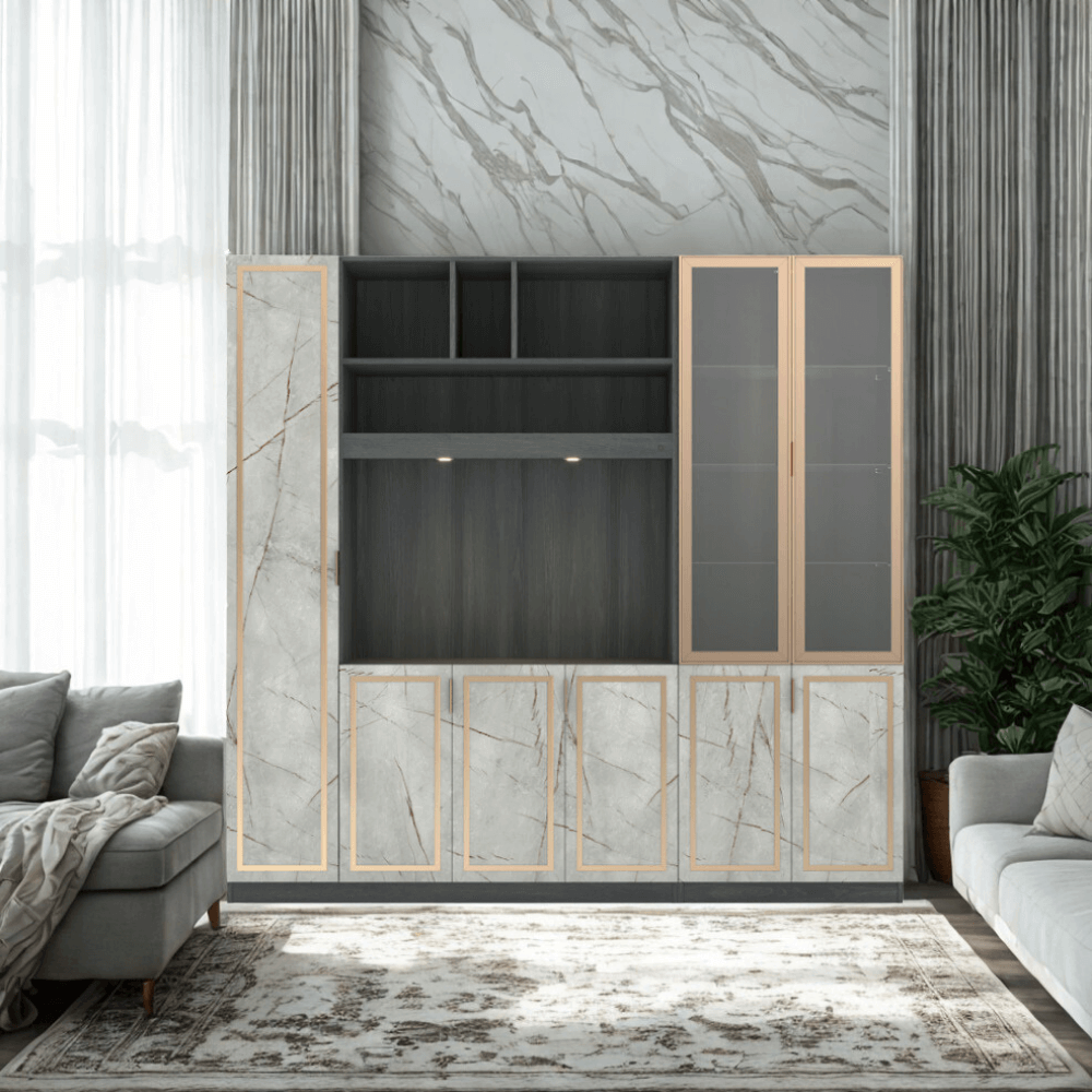ตู้วางทีวี WISDOM DESIGN FURNITURE รุ่น GW-240 240 ซม. สีแอชเกรย์/ไลท์มาร์เบิ้ล/โกลด์