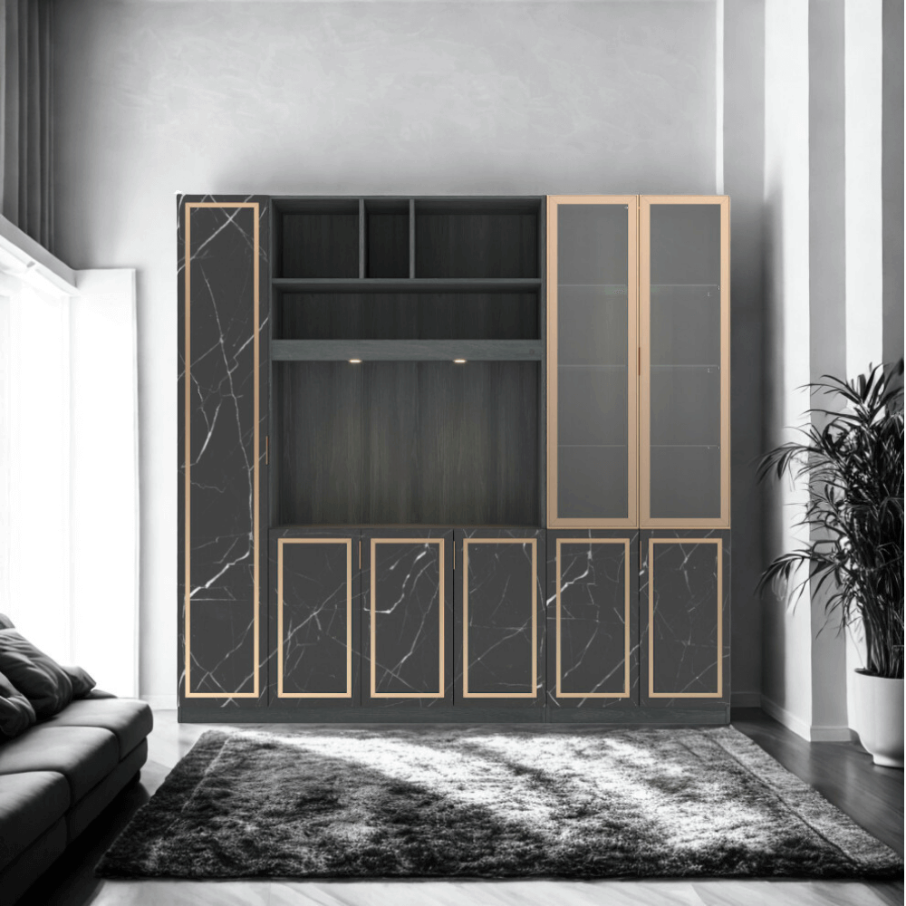 ตู้วางทีวี WISDOM DESIGN FURNITURE รุ่น GW-240 240 ซม. สีแอชเกรย์/ดาร์คมาร์เบิ้ล/โกลด์