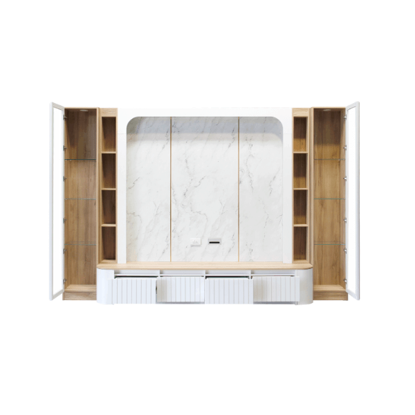 ตู้วางทีวี WISDOM DESIGN FURNITURE รุ่น CHARNA 320 ซม. สีขาว/เนเจอร์วู๊ด/ลายหินขาว