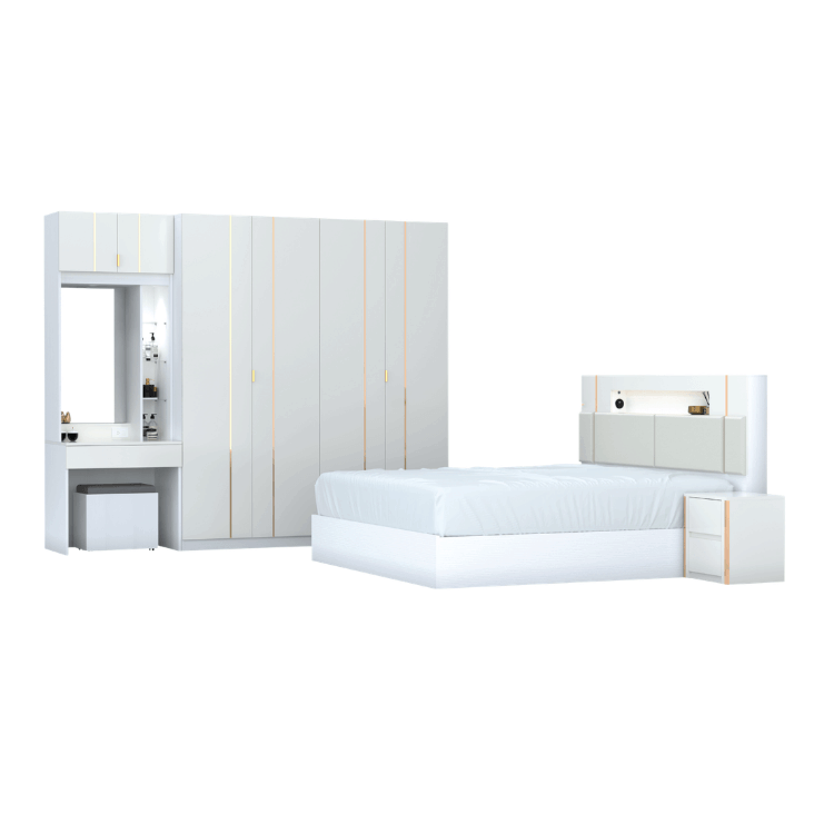 ชุดห้องนอน + ที่นอนสปริง 6 ฟุต WISDOM DESIGN FURNITURE รุ่น NOBLE สีขาว/กลอสซี่ไวท์