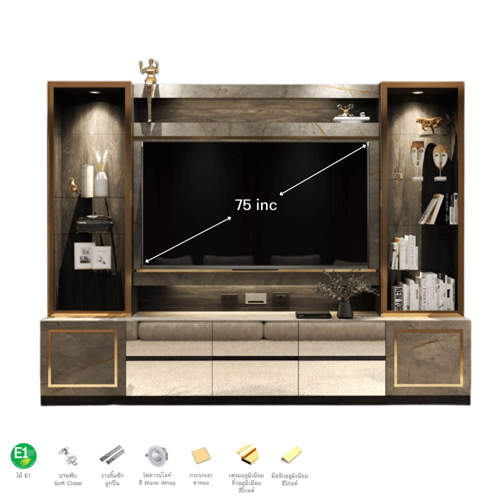 ตู้วางทีวี WISDOM DESIGN FURNITURE รุ่น GT-301 300 ซม. สีแอชเกรย์/บราวน์มาร์เบิ้ล/โกลด์_2