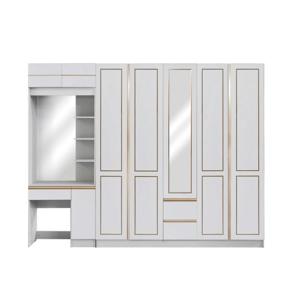ชุดห้องนอน + ที่นอน PVC 6 ฟุต WISDOM DESIGN FURNITURE รุ่น BRAELYN 5 (กระจก) สีไลท์ยีนส์/ขาว