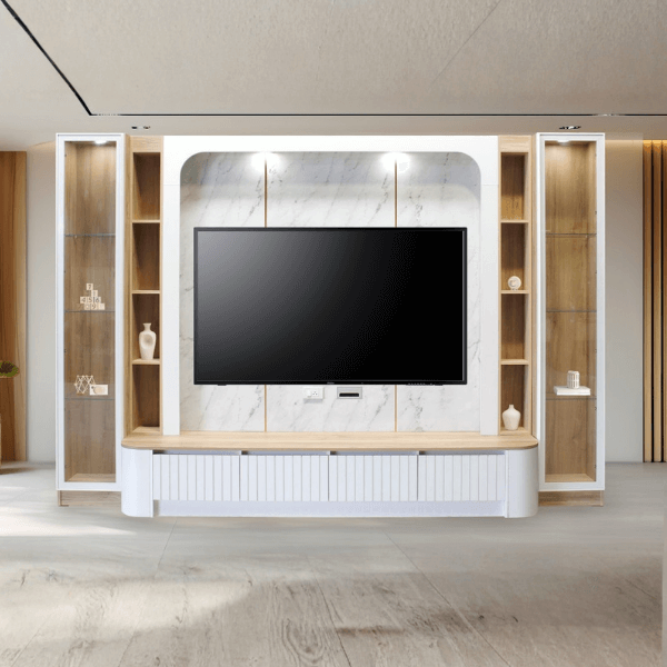 ตู้วางทีวี WISDOM DESIGN FURNITURE รุ่น CHARNA 320 ซม. สีขาว/เนเจอร์วู๊ด/ลายหินขาว