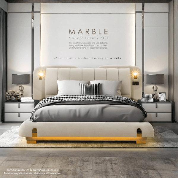 ฐานรองหัวเตียง 6 ฟุต WISDOM DESIGN FURNITURE รุ่น MARBLE สีครีมขาว