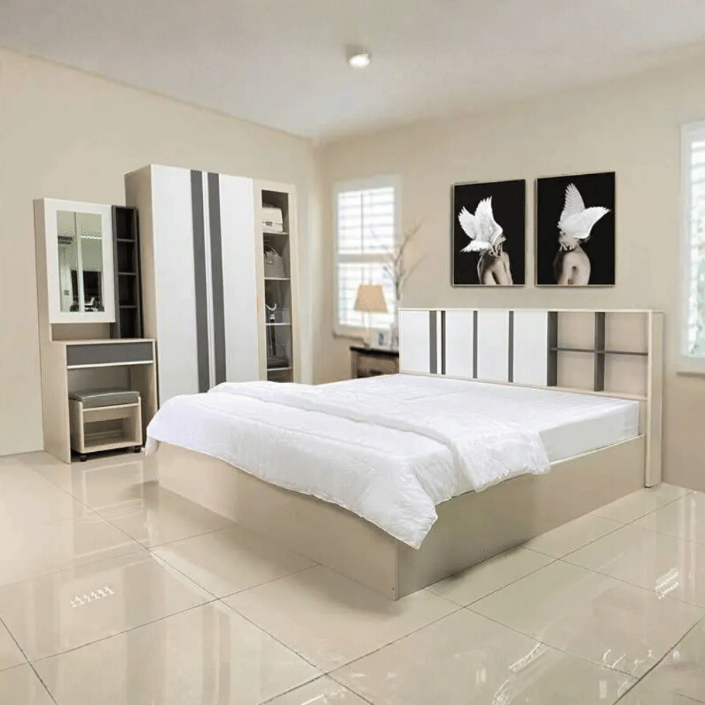 ชุดห้องนอน + ที่นอนสปริง 6 ฟุต WISDOM DESIGN FURNITURE รุ่น CITY เบจ/ซิลค์