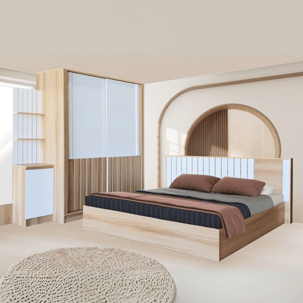 ชุดห้องนอน + ที่นอนสปริง 6 ฟุต WISDOM DESIGN FURNITURE รุ่น AMANDA สี แอช/ขาว
