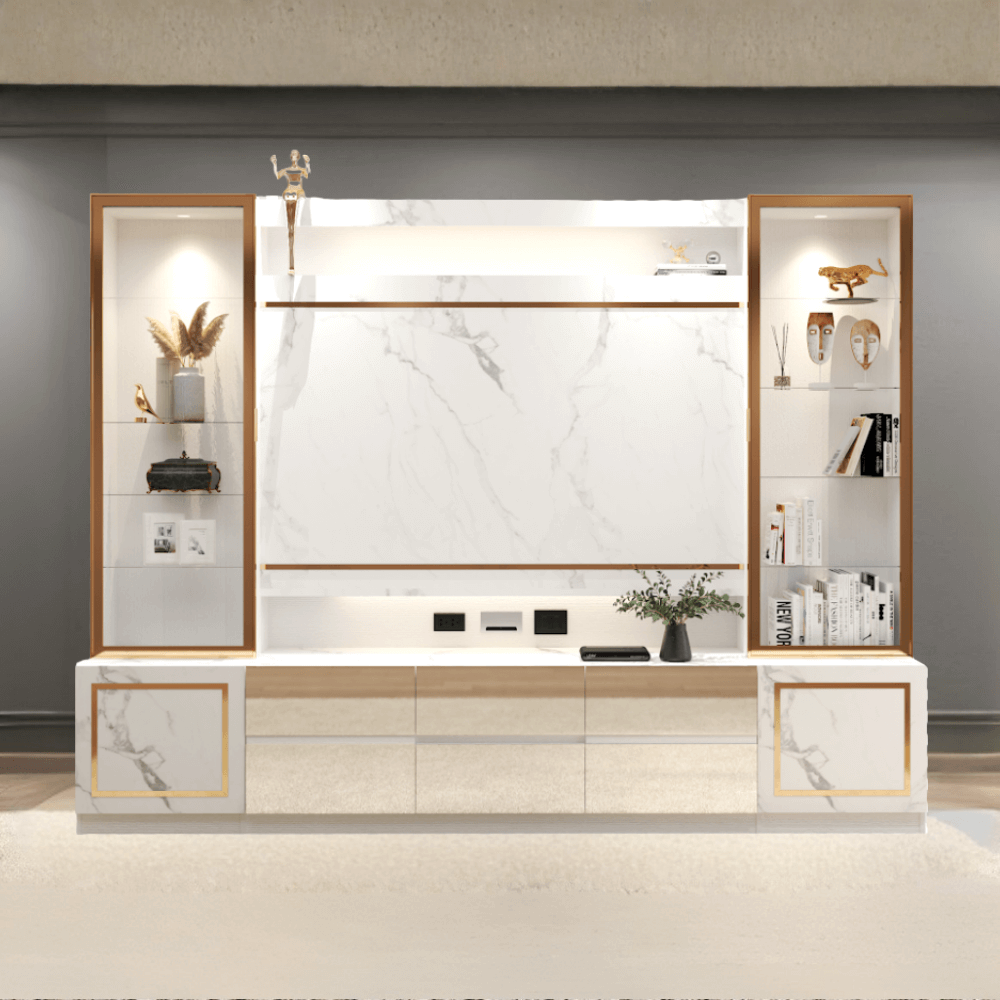 ตู้วางทีวี WISDOM DESIGN FURNITURE รุ่น GT-301 300 ซม. สีขาว/มาร์เบิ้ล/โกลด์