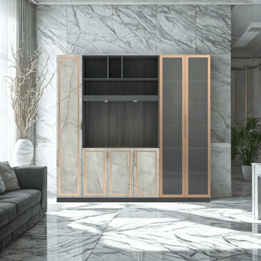 ตู้วางทีวี WISDOM DESIGN FURNITURE รุ่น GW-242 240 ซม. สีแอชเกรย์/ไลท์มาร์เบิ้ล/โกลด์