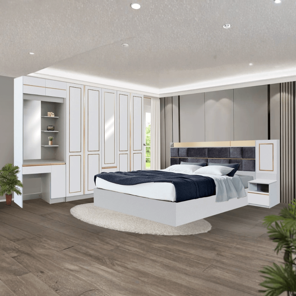 ชุดห้องนอน + ที่นอนสปริง 6 ฟุต WISDOM DESIGN FURNITURE รุ่น BRAELYN 5 (กระจก) สีไลท์ยีนส์/ขาว