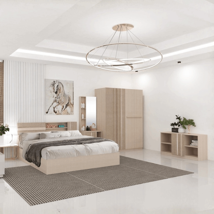 ชุดห้องนอน + ที่นอนสปริง 6 ฟุต WISDOM DESIGN FURNITURE รุ่น LUCIFER สีมาชเมลโล่/คาปูชิโน่