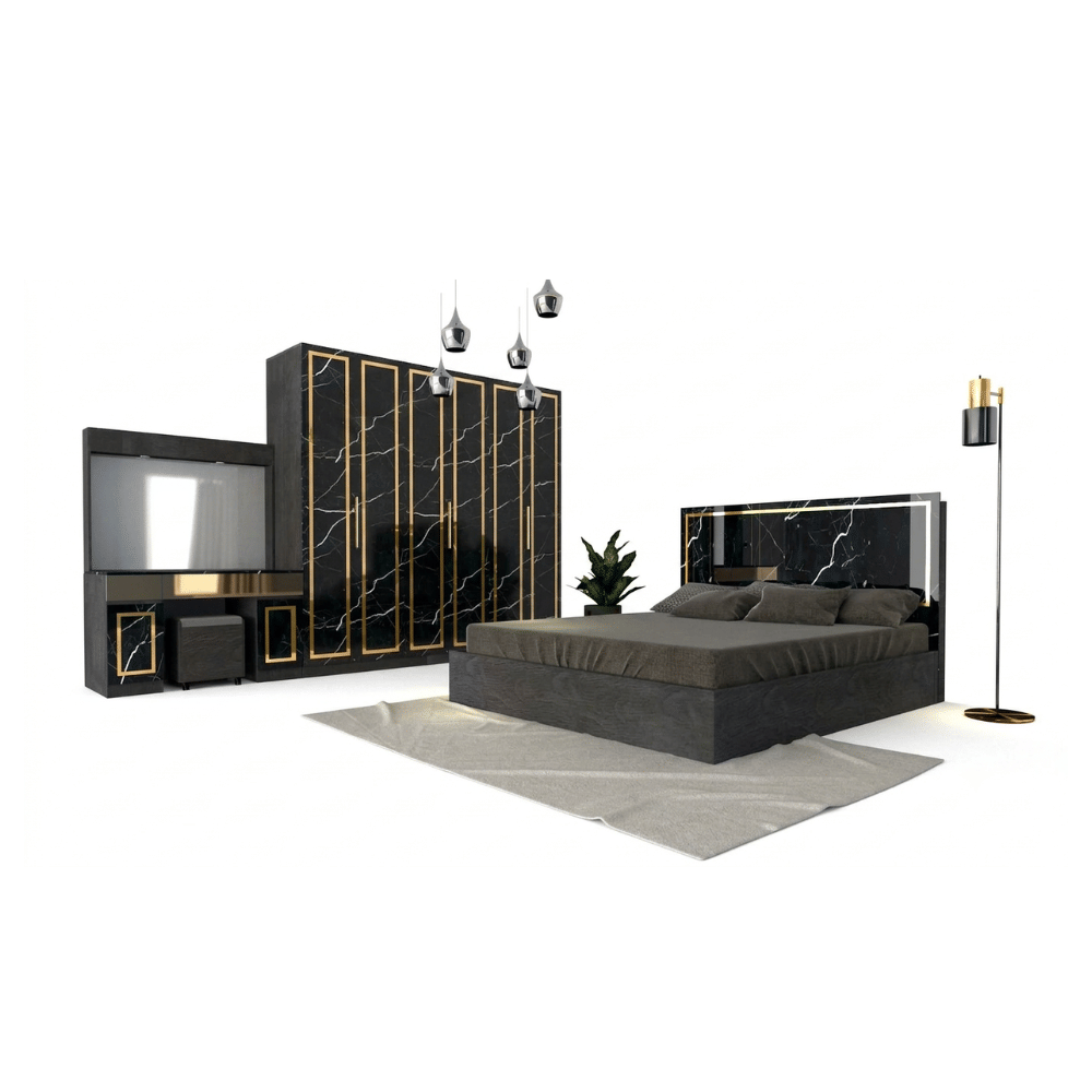 ชุดห้องนอน + ที่นอนสปริง 6 ฟุต WISDOM DESIGN FURNITURE รุ่น JESSICA A สีแอชเกรย์/ดาร์คมาร์เบิล/โกลด์_1
