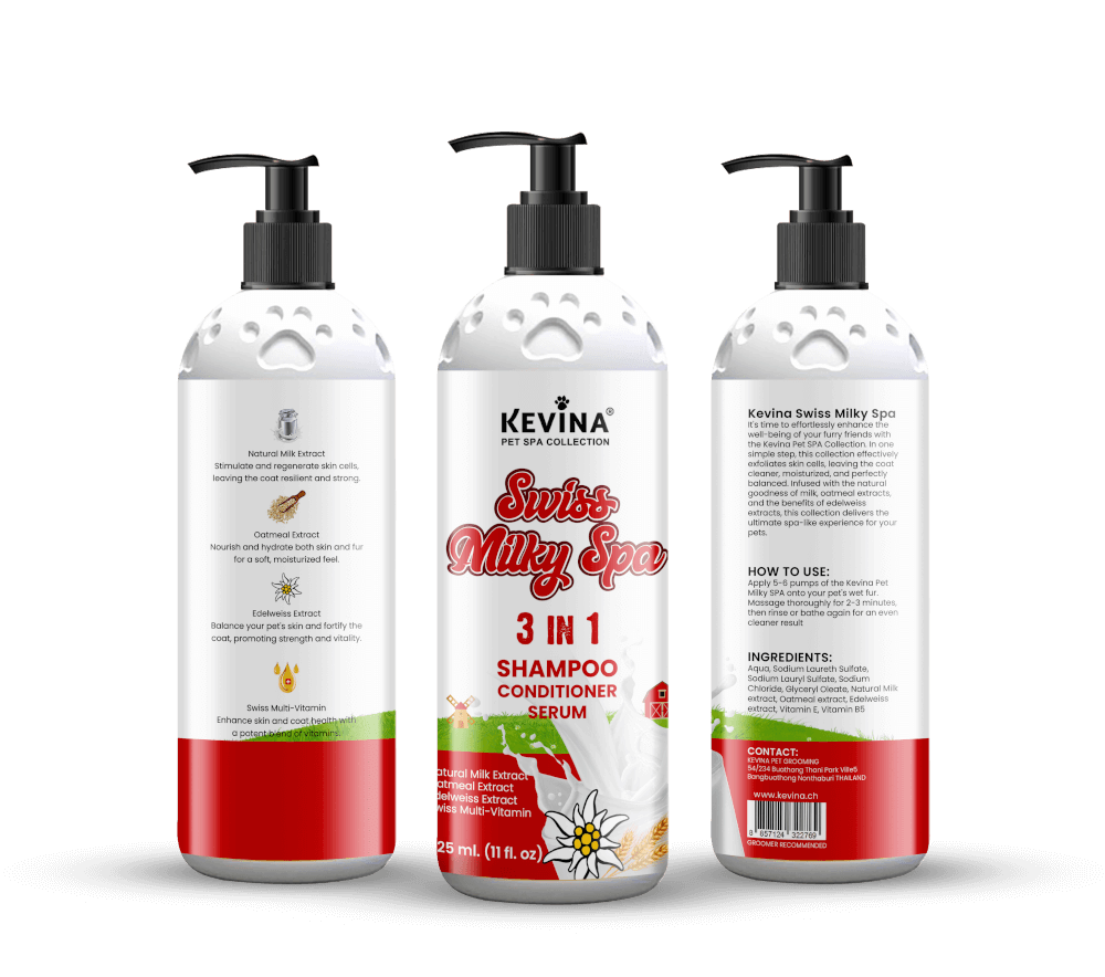 แชมพูผสมครีมนวดสุนัขและแมว KEVINA สูตร SWISS MILKY SPA ขนาด 325 ML