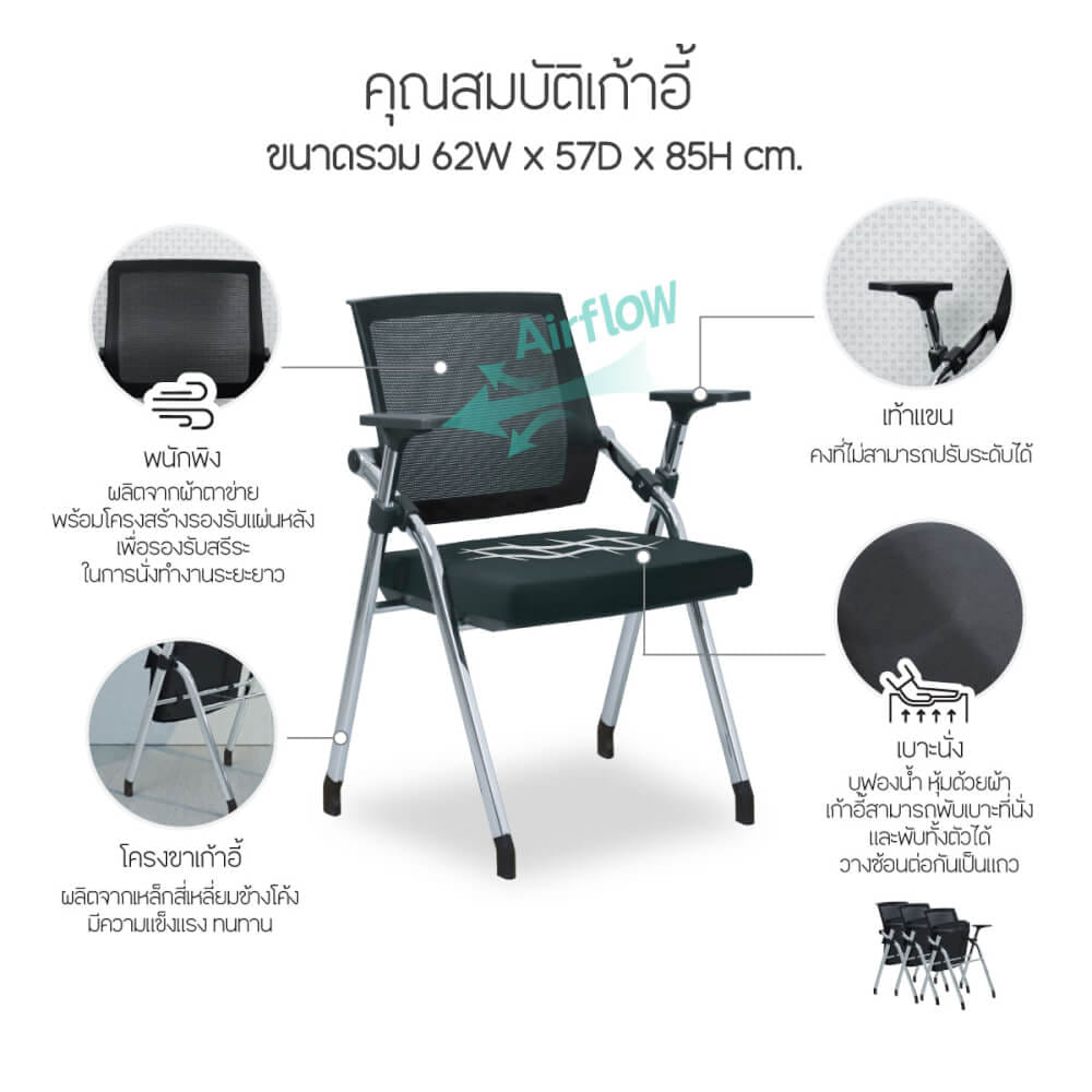 เก้าอี้สำนักงาน NSBOFFICE รุ่น RYKER ขาเหล็กชุบโครเมียม พับได้ สีดำ_2