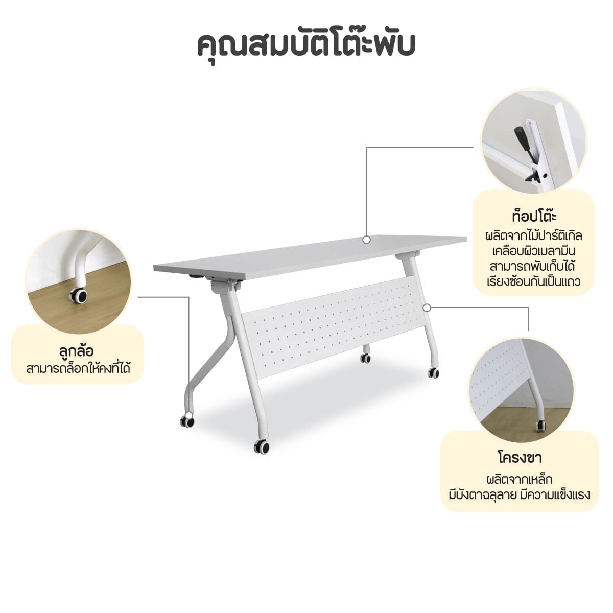 โต๊ะทำงาน NSBOFFICE รุ่น SNIPSY 150 ซม. สีขาว พับได้ ล้อเลื่อน_5