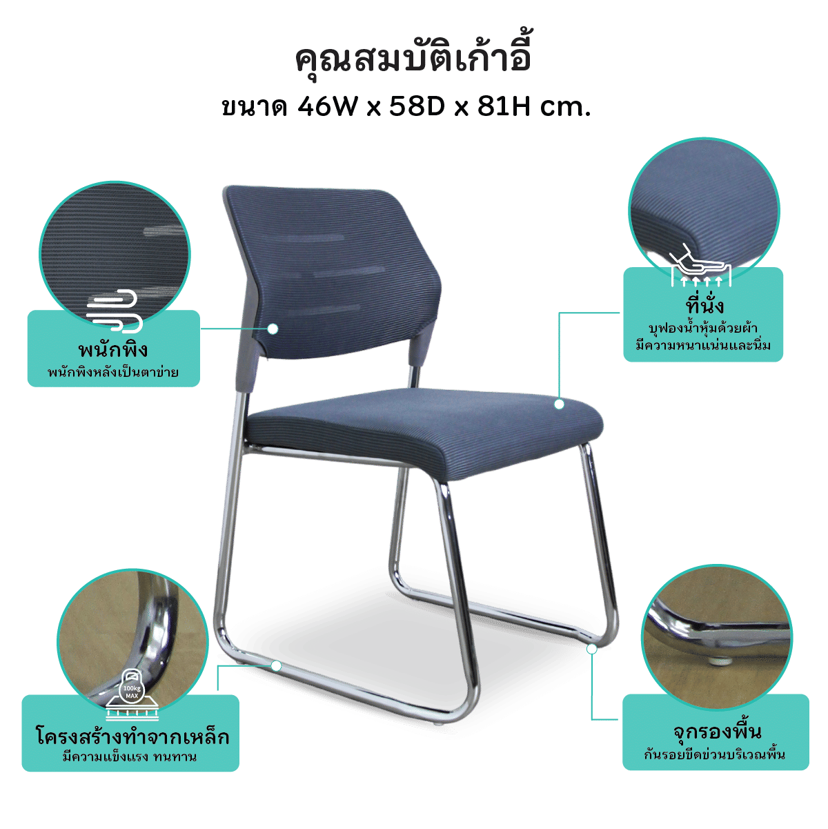 เก้าอี้รับรอง NSBOFFICE รุ่น MAGRIX ขาเหล็กชุบโครเมียม สีเทา_5