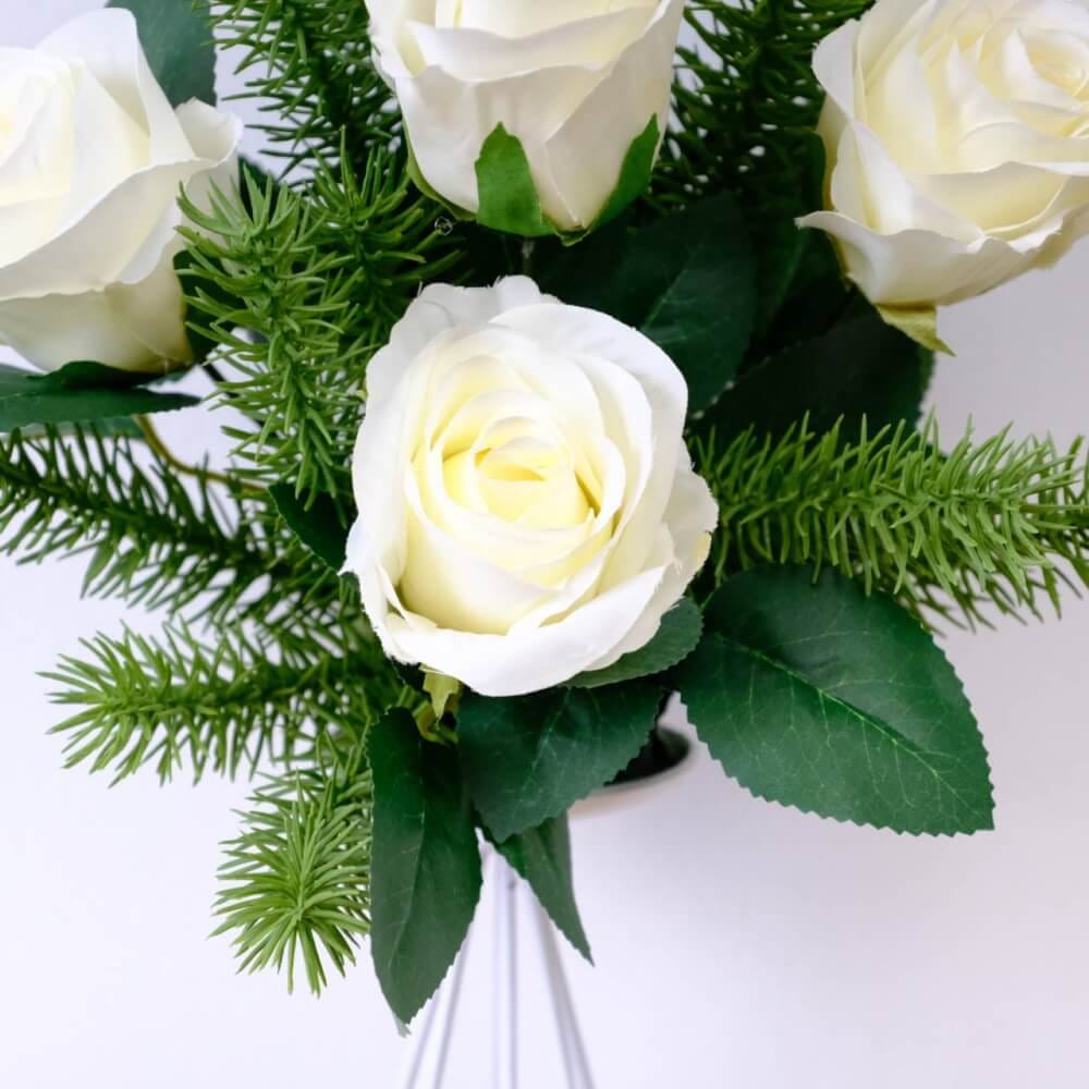 ดอกกุหลาบประดิษฐ์ผ้าในแจกัน  JGLORYFLOWER แจกันเส้นเหล็กดัดสีขาว กุหลาบขาว