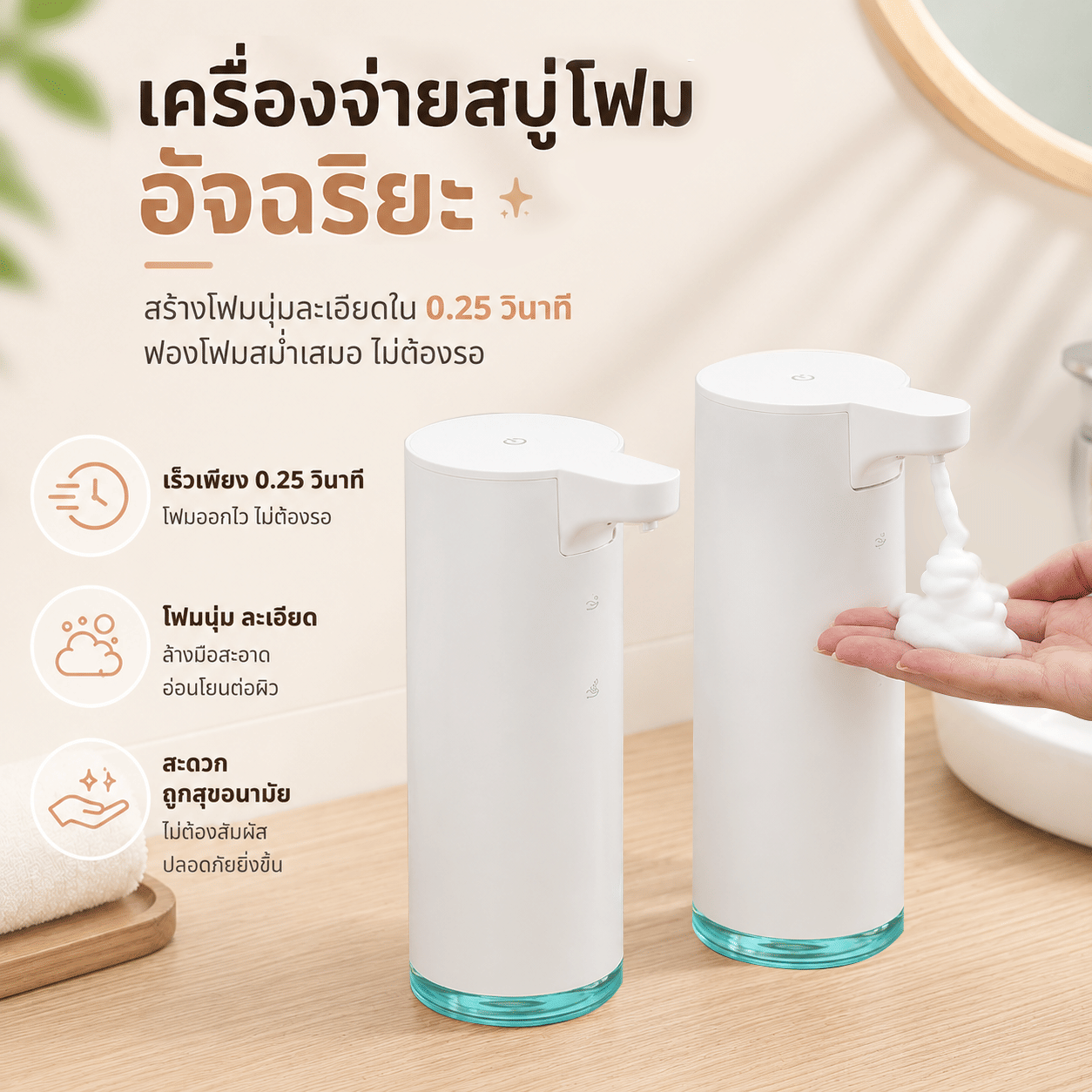 เครื่องจ่ายสบู่โฟมอัตโนมัติ STARA รุ่น AIRY WHITE ระบบเซนเซอร์ไว 0.25 วินาที กันน้ำ IPX5 ชาร์จไฟได้ ไม่ต้องสัมผัส_5