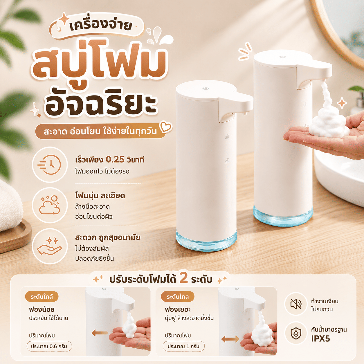 เครื่องจ่ายสบู่โฟมอัตโนมัติ STARA รุ่น AIRY WHITE ระบบเซนเซอร์ไว 0.25 วินาที กันน้ำ IPX5 ชาร์จไฟได้ ไม่ต้องสัมผัส_9