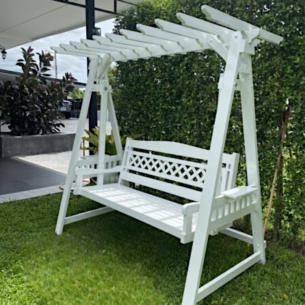 ชิงช้าไม้ 3 ที่นั่ง WINAIFURNITURE รุ่น W-002W สีขาว 200 ซม. หลังคาก้างปลา พนักพิงระแนงไขว้_2