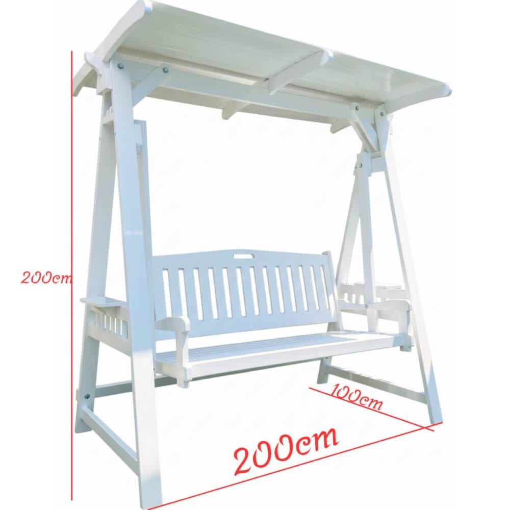 ชิงช้า 3 ที่นั่ง WINAIFURNITURE สีขาว 200 CM หลังคาระแนงไม้ แขนหิ้วไม้_2