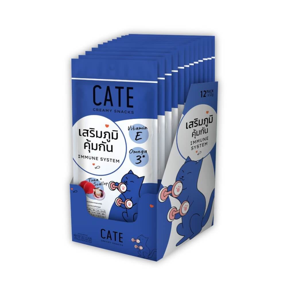 ขนมแมวเลีย CATE รสทูน่าและหอยเชลล์ สูตรเสริมระบบภูมิคุ้มกันผสมวิตามินอี 12 กรัม (ยกโหล 12 แพ็ค 48 ชิ้น)_0