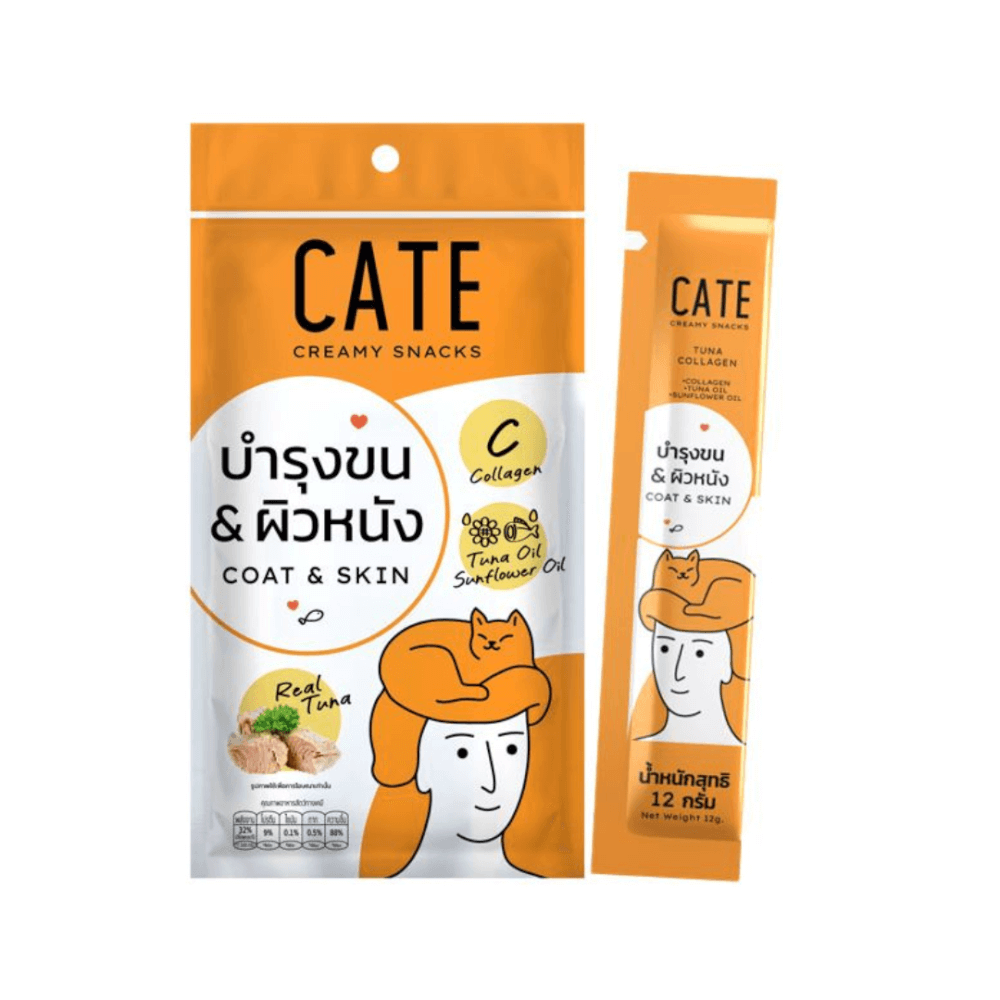 ขนมแมวเลีย CATE รสทูน่าผสมคอลลาเจน สูตรบำรุงผิวหนังและเส้นขน 12 กรัม ( 1 แพ็ค 4 ชิ้น)