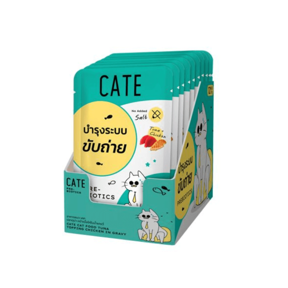 อาหารเปียกแมว CATE รสทูน่าและไก่ ในน้ำเกรวี่ สูตรบำรุงระบบย่อยอาหาร มี PREBIOTICS (ยกโหล 12 ซอง 70G)_0