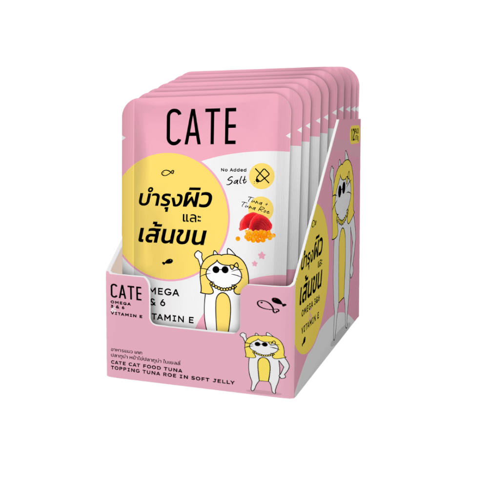 อาหารเปียกแมว CATE รสทูน่าและไข่ปลาทูน่า ในเนื้อซอฟท์เจลลี่ สูตรบำรุงขนและผิวหนัง มี SUNFLOWER OIL (ยกโหล 12 ซอง 70G.)_0