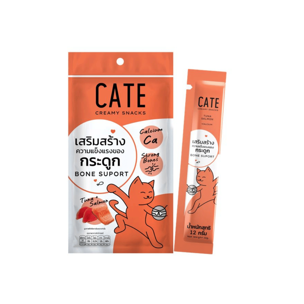 ขนมแมวเลีย CATE รสทูน่าและแซลมอน สูตรเสริมสร้างกระดูกผสมแคลเซียม 12 กรัม ( 1 แพ็ค 4 ชิ้น)