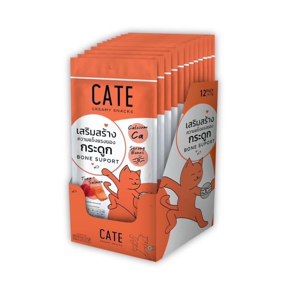 ขนมแมวเลีย CATE รสทูน่าและแซลมอน สูตรเสริมสร้างกระดูกผสมแคลเซียม 12 กรัม (ยกโหล 12 แพ็ค 48 ชิ้น)_1