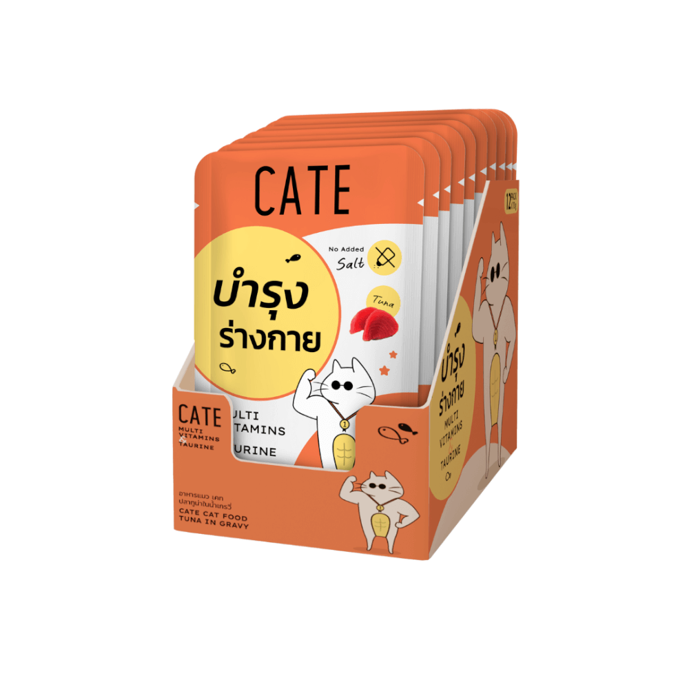 อาหารเปียกแมว CATE รสทูน่า ในน้ำเกรวี่ สูตรบำรุงร่างกาย มี TAURINE (ยกโหล 12 ซอง 70G.)_1