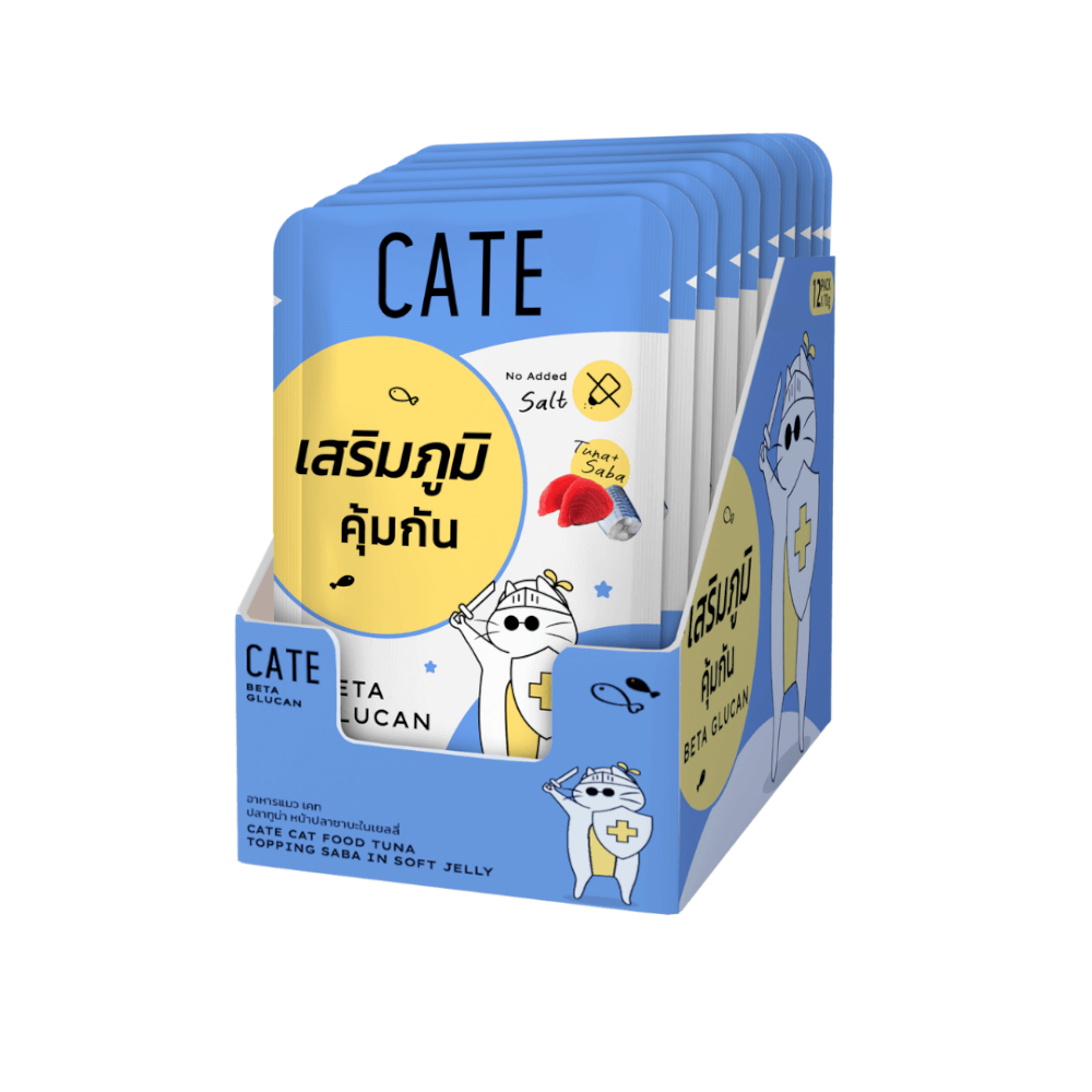 อาหารเปียกแมว CATE รสทูน่าและปลาซาบะ ในซอฟท์เจลลี่ สูตรเสริมภูมิคุ้มกัน มี BETA GLUCAN (ยกโหล 12 ซอง 70G.)_1
