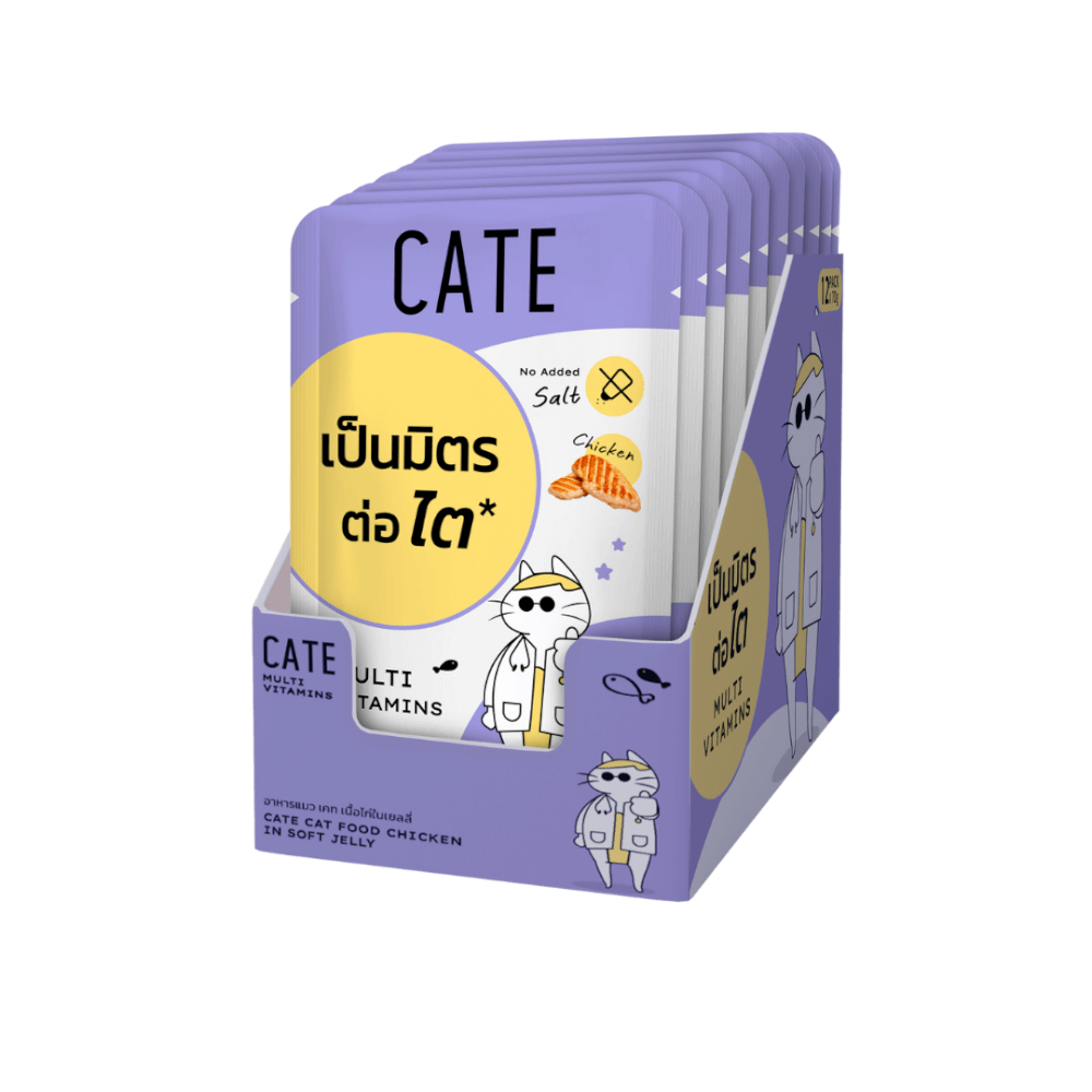 อาหารเปียกแมว CATE รสไก่ ในซอฟท์เจลลี่ สูตรเป็นมิตรต่อไต มีวิตามินรวม (ยกโหล 12 ซอง 70G.)_1