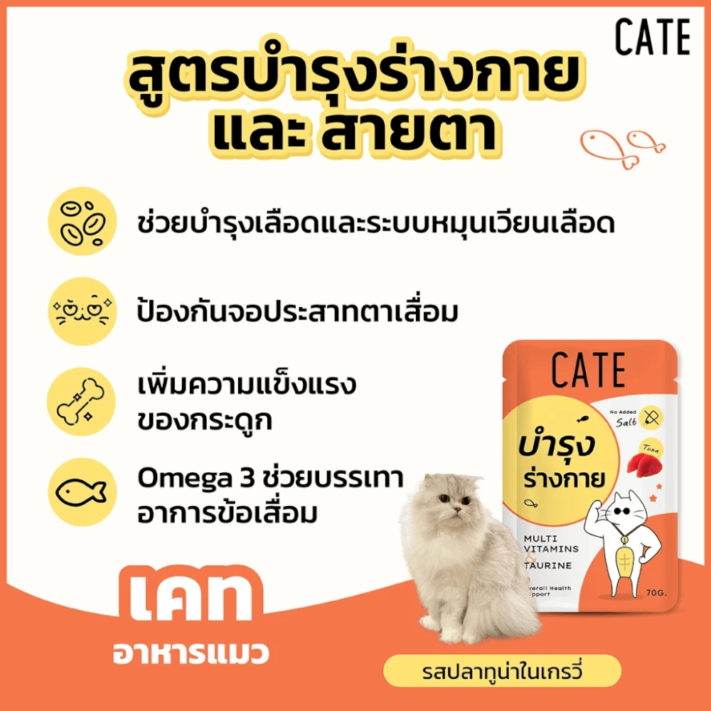 อาหารเปียกแมว CATE รสทูน่า ในน้ำเกรวี่ สูตรบำรุงร่างกาย มี TAURINE (ยกลัง 48 ซอง 70G.)_4
